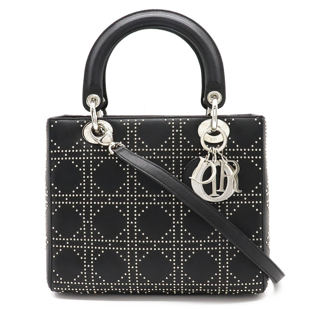 Christian Dior Lady Studded 2way Shoulder Bag Leather Black